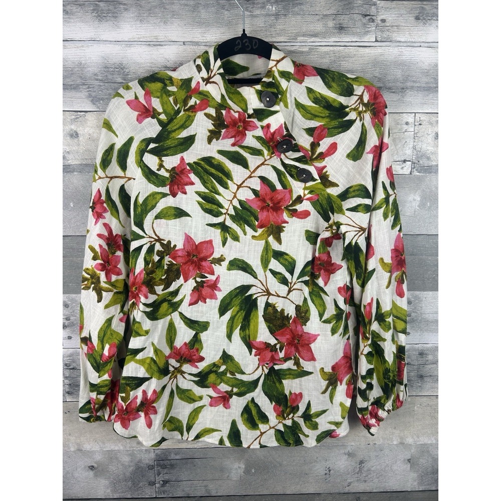 Zara Linen Blend Tropical Floral Blouse Side Button Green/Pink Size XS Hawaiian